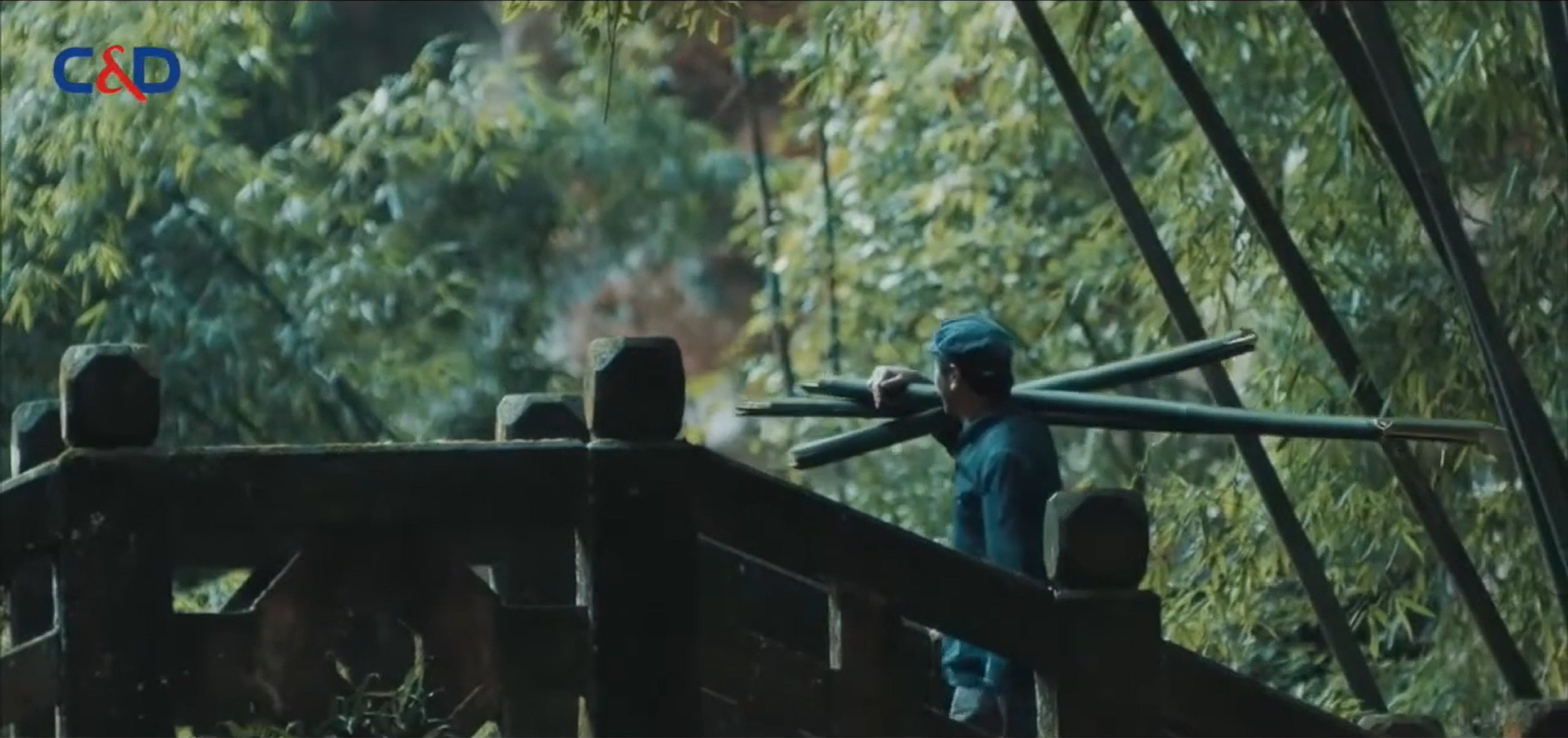 Person in a blue raincoat walking through a forest with wooden planks, C&D video explaining how they make Whisper's bamboo paper products