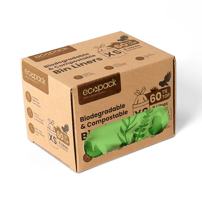Ecopack 8L Compostable Bin Liners - Box Dispenser & Tie Handles XS