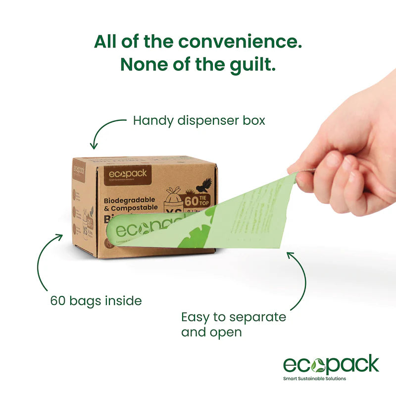Ecopack 8L Compostable Bin Liners - Box Dispenser & Tie Handles XS