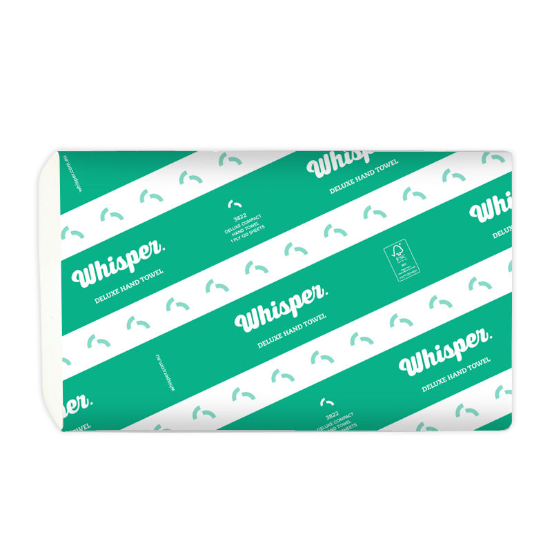 A compact hand towel with a green and white design, featuring the Whisper brand logo. 25 x 19cm Sheet, 16 Packs per carton, 150 Sheets packs, 1 Ply