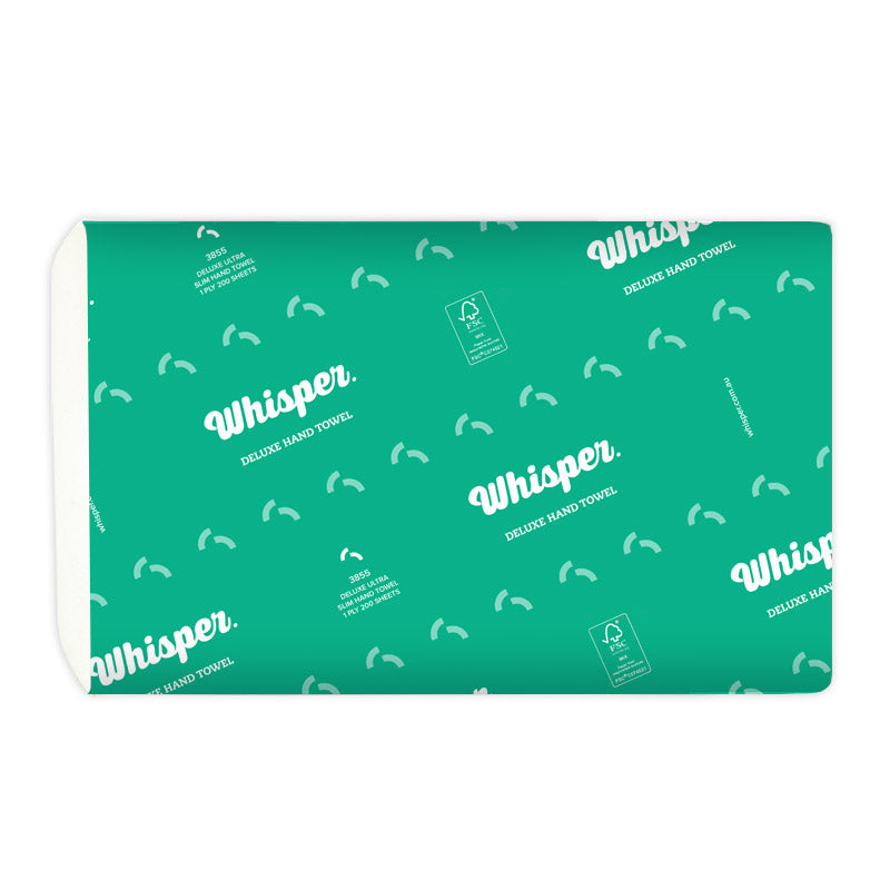 Whisper Ultrafold Hand Towel 1Ply, Manufacturer, paper manufacturer, Paper hand towel, folded hand towel, Whisper, 3855, 200 Sheets per pack, 23cm x 24cm