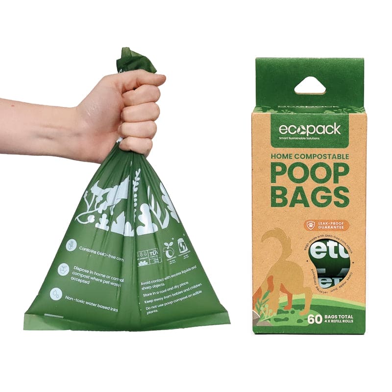 ecopack, whisper, australia, dog poop bafgs, retail style packaging, end user, home compostable, 4 pack, 60 bags, compostable dog poop bags