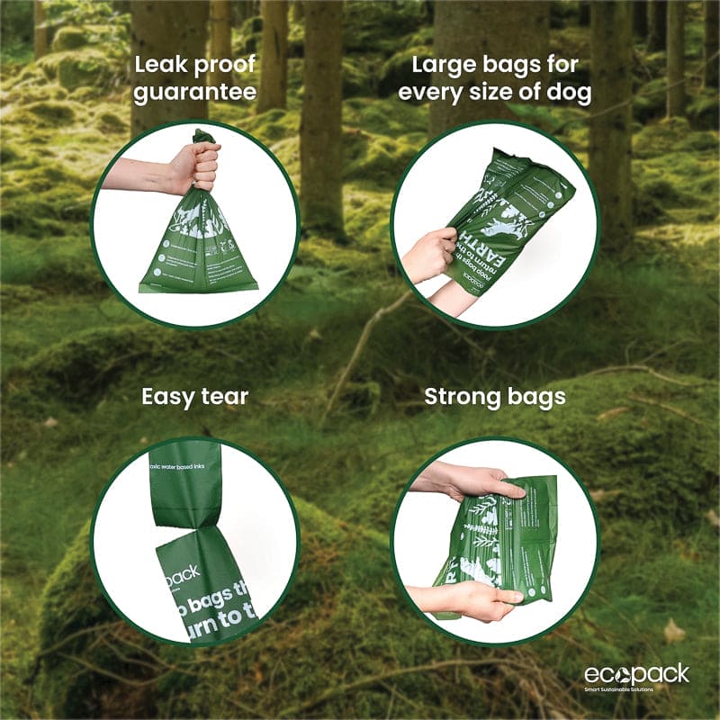 ecopack, whisper, australia, dog poop bafgs, retail style packaging, end user, home compostable, 4 pack, 60 bags, compostable dog poop bags, features and benefits