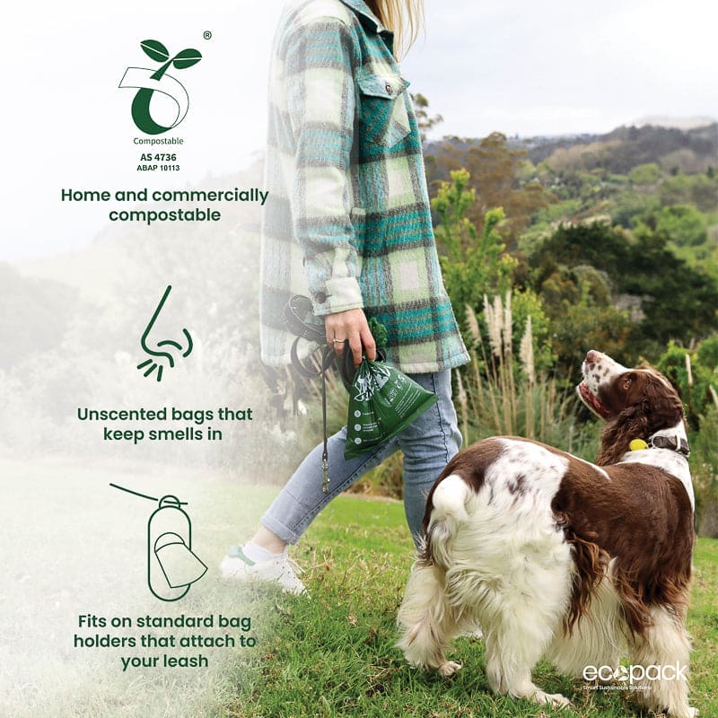 ecopack, whisper, australia, dog poop bafgs, retail style packaging, end user, home compostable, 4 pack, 60 bags, compostable dog poop bags, features, unscented, fits on standard bag holder, dog in park