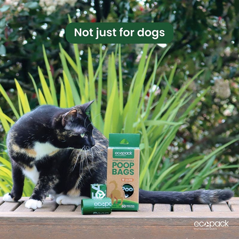 ecopack, whisper, australia, dog poop bafgs, retail style packaging, end user, home compostable, 4 pack, 60 bags, compostable dog poop bags, cat poop bags, compostable cat poop bags, not just for dogs, cat outside
