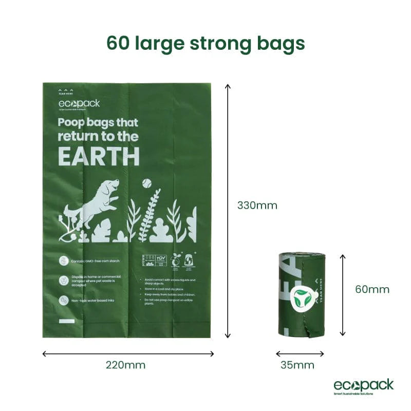 ecopack, whisper, australia, dog poop bafgs, retail style packaging, end user, home compostable, 4 pack, 60 bags, compostable dog poop bags, sizes