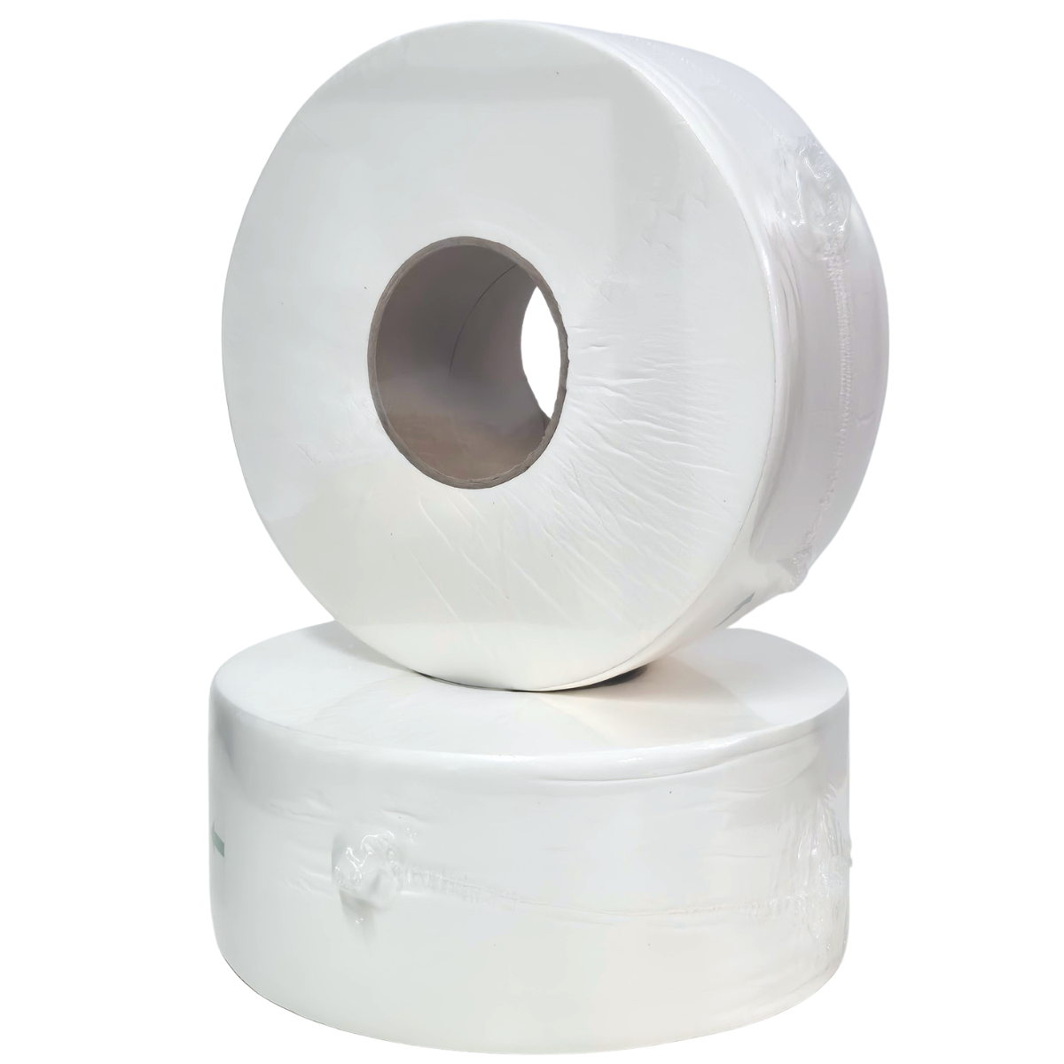 Whisper jumbo toilet tissue, jumbo toilet paper, white, 2ply, virgin wood pulp, 300m, wrapped in poly wrap plastic, two stacked on top of each other