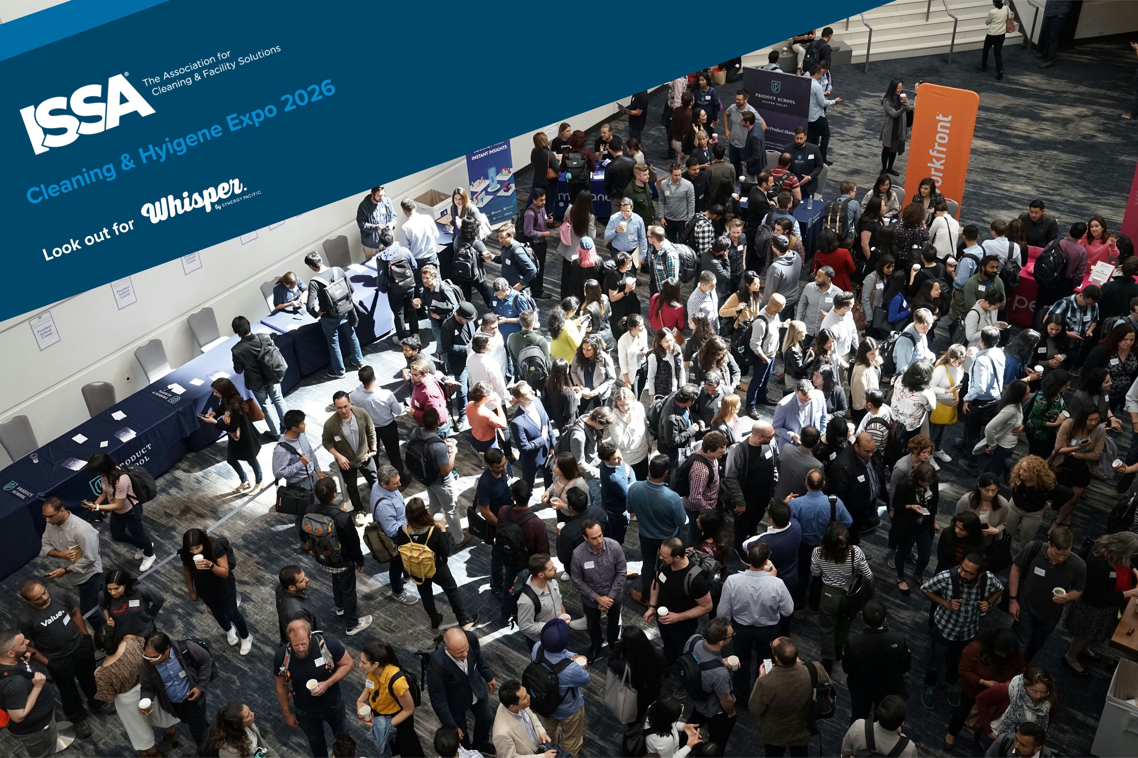 look out for whisper by synergy pacific at the ISSA cleaning and hygiene expo 2026, lots of people networking at a conference, trade show