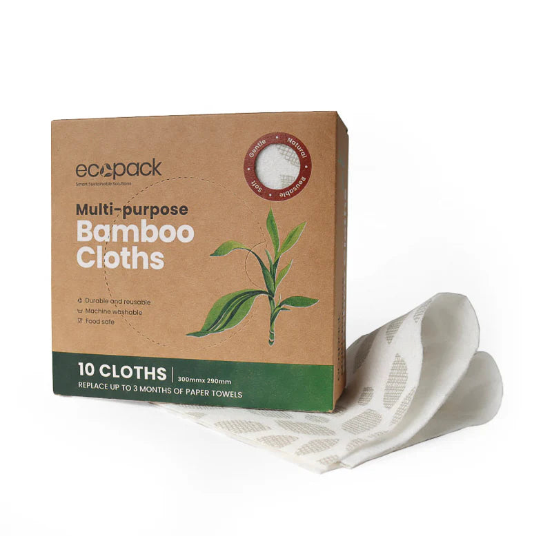 Ecopack, Australia, Box of eco-pack multi-purpose bamboo cloths with a sample cloth on a white background, whisper partners, 10 cloths per pack, reusable