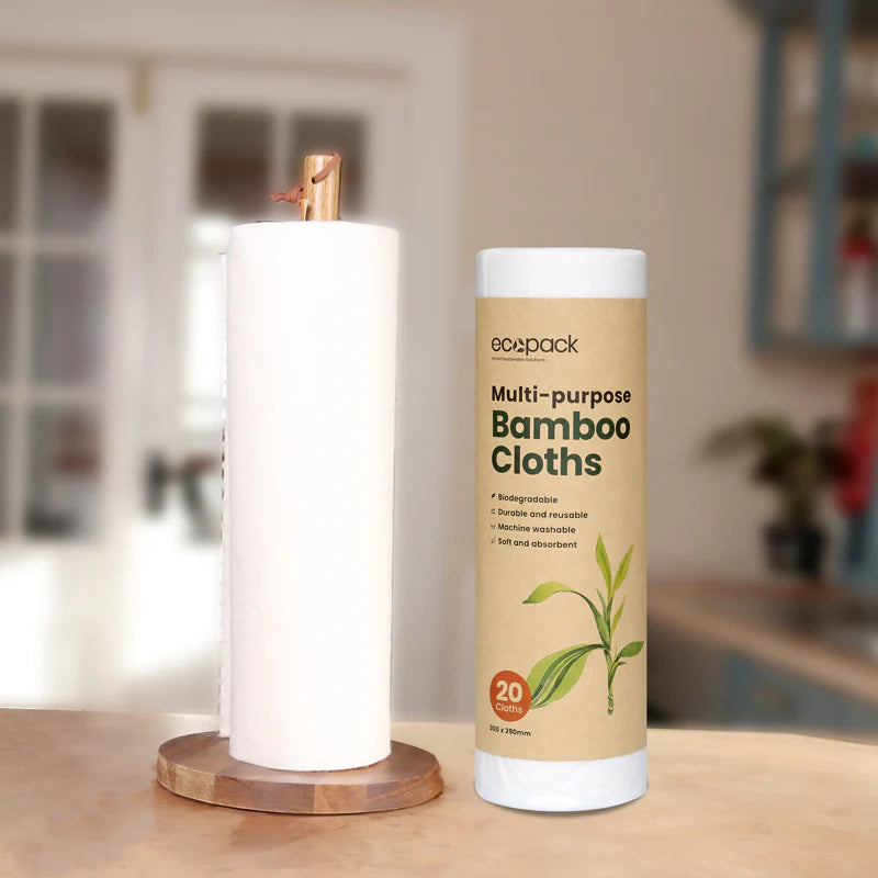 Ecopack, Australia, roll of eco-pack multi-purpose bamboo cloths, whisper partners, 20 cloths per pack, reusable, wrapped in retail style packaging wrap, on roll holder, easy dispense