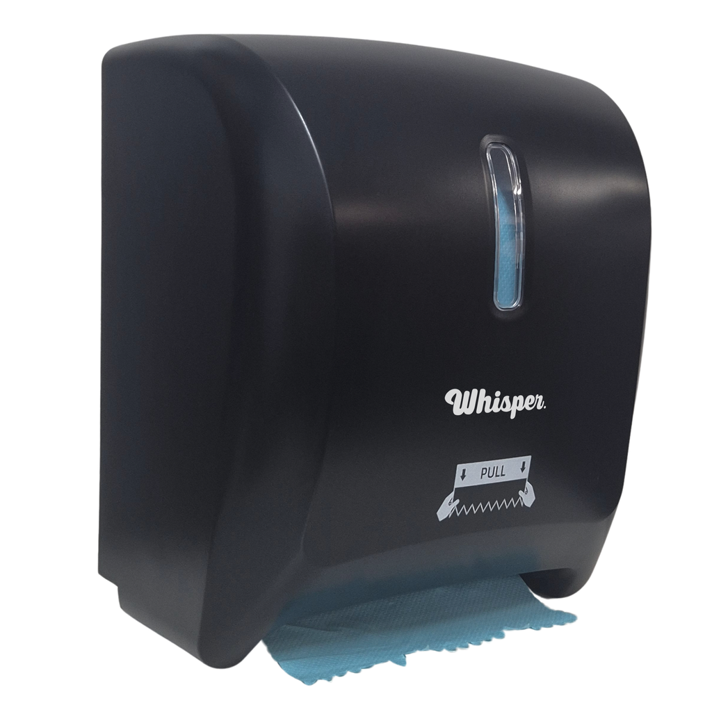 MK8015, Whisper Autocut dispenser, black, white whisper logo, blue paper, roll hand paper towel, on white background