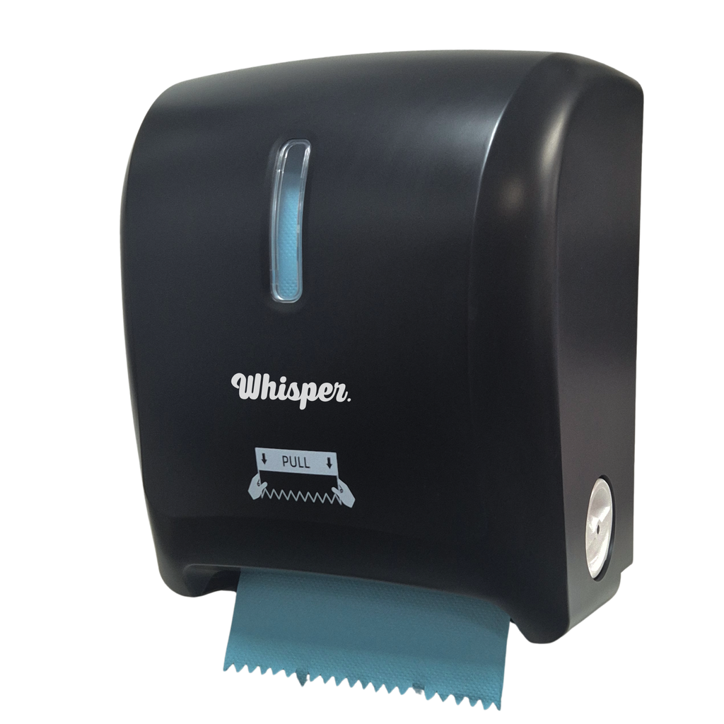 MK8015, Whisper Autocut dispenser, black, white whisper logo, blue paper, roll hand paper towel, white background