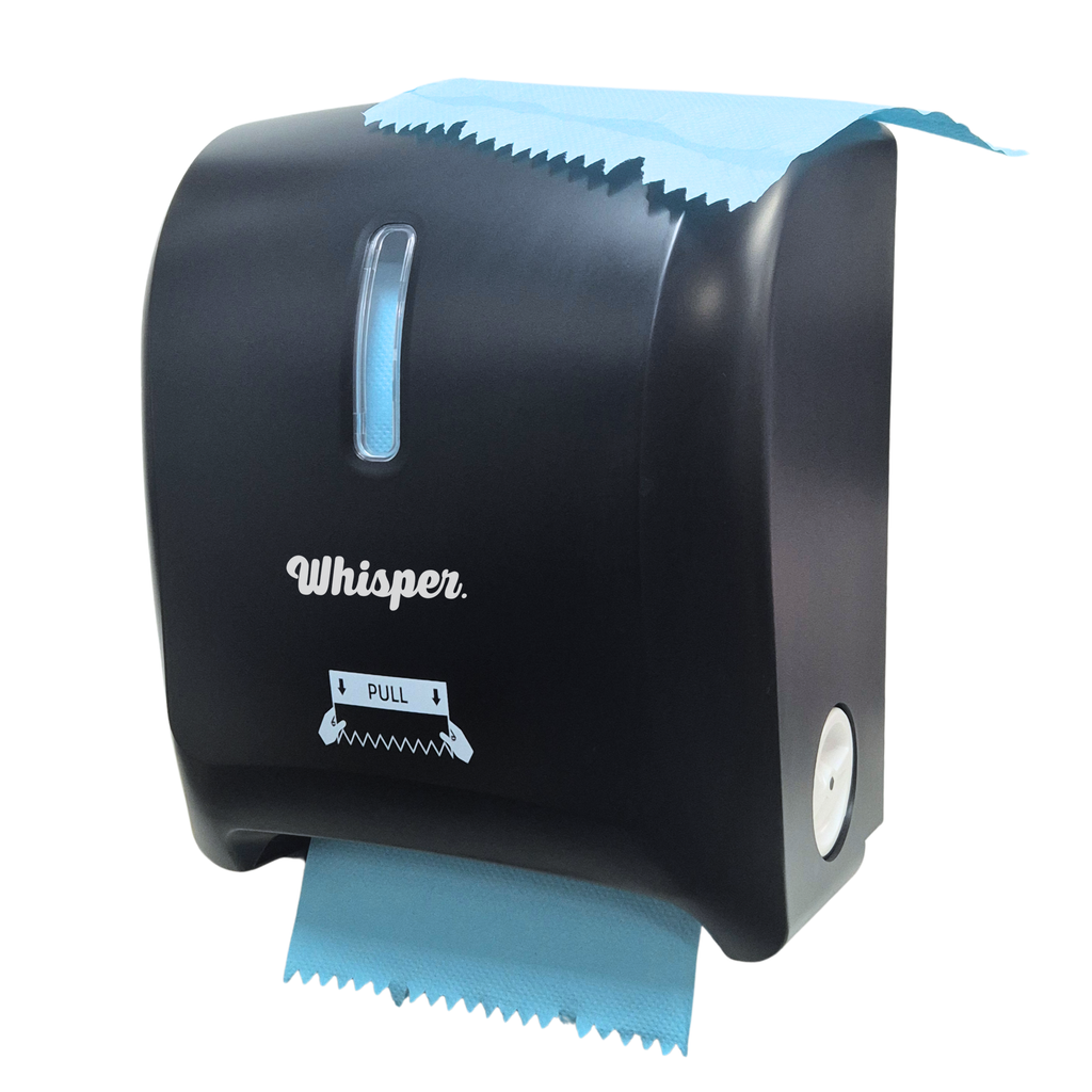 MK8015, Whisper Autocut dispenser, black, white whisper logo, blue paper, roll hand paper towel, white background, blue hand towel cut on top