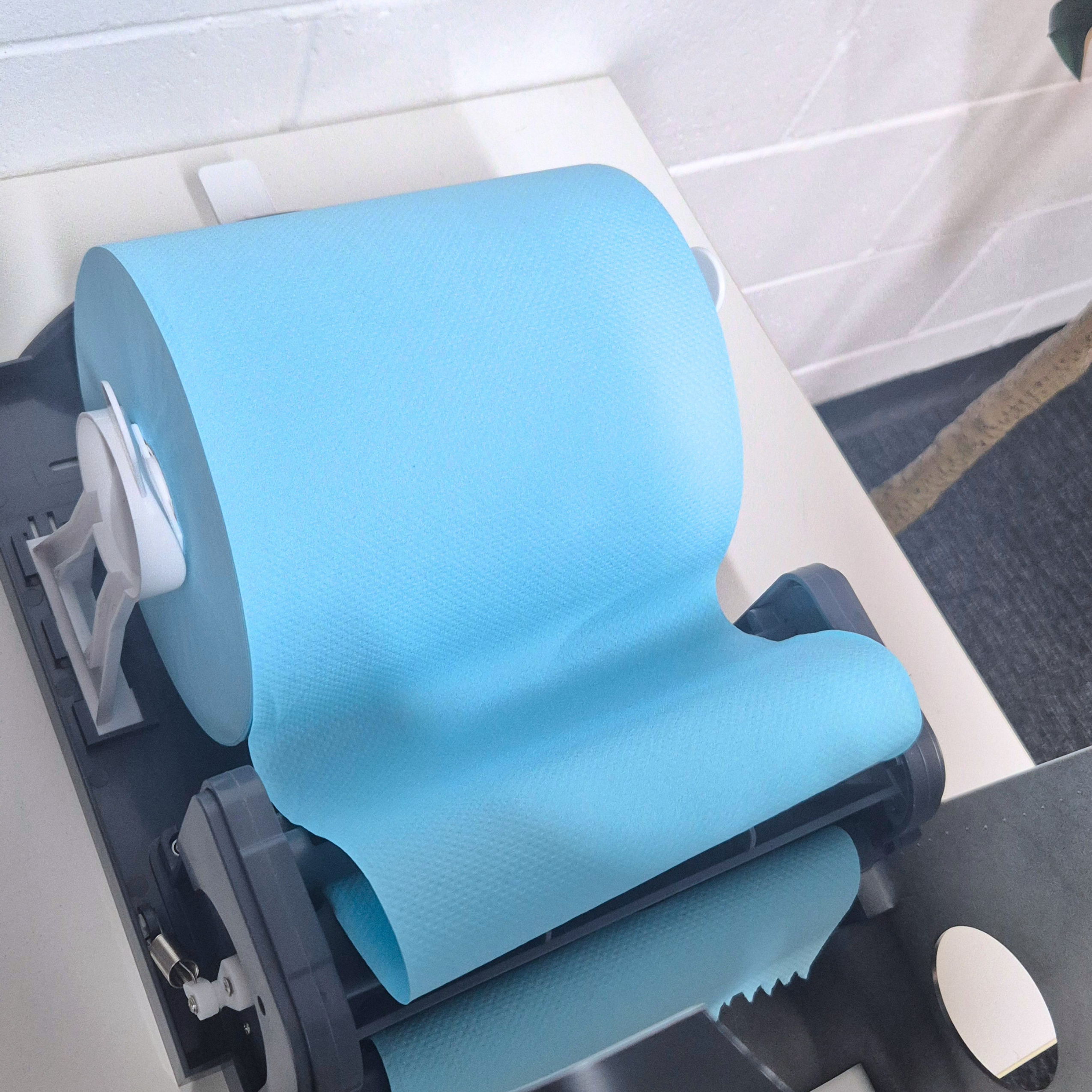 MK8015, Whisper Autocut dispenser, black, white whisper logo, blue paper, roll hand paper towel, dispenser open, roll towel inside