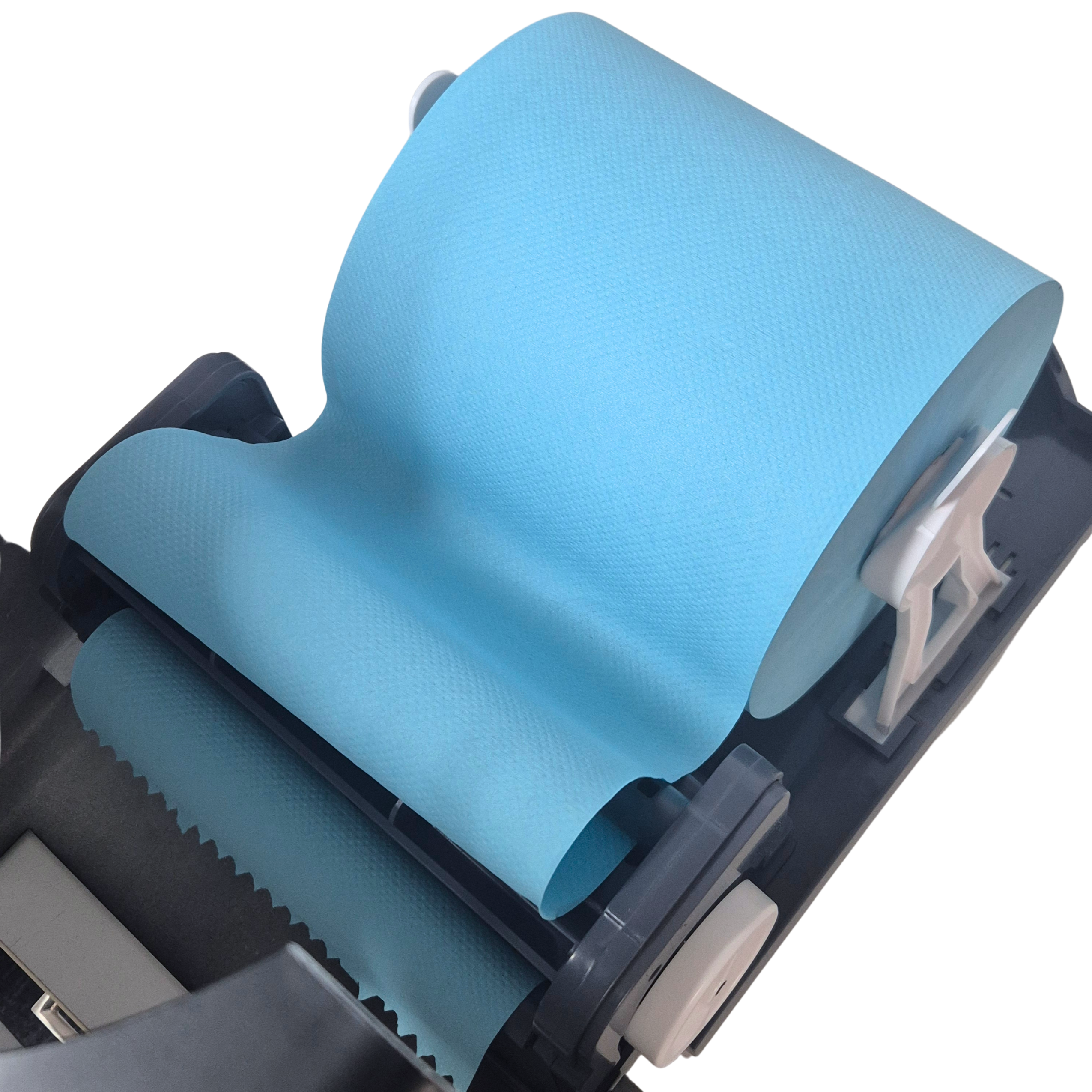 MK8015, Whisper Autocut dispenser, black, white whisper logo, blue paper, roll hand paper towel, open, roll towel inside, white background