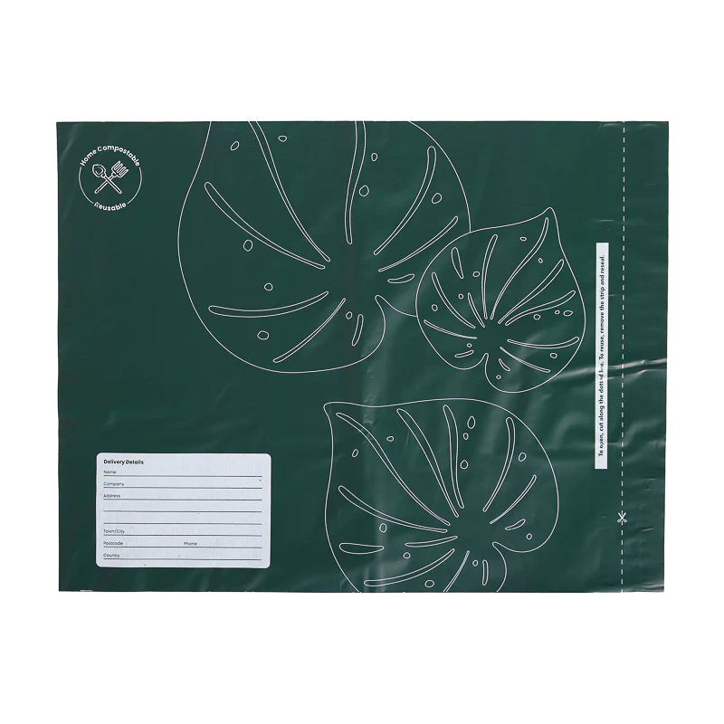 Ecopack compostable mailing bags, courier bags, green, leave design, double seal, reusable seal, A3 size