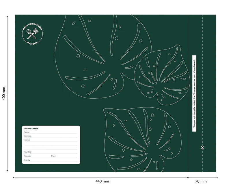 Ecopack compostable mailing bags, courier bags, green, leave design, double seal, reusable seal, A3 size