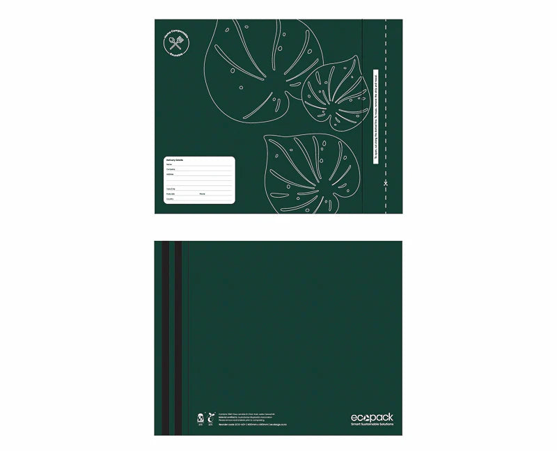 Ecopack compostable mailing bags, courier bags, green, leave design, double seal, reusable seal, A3 size, side by side
