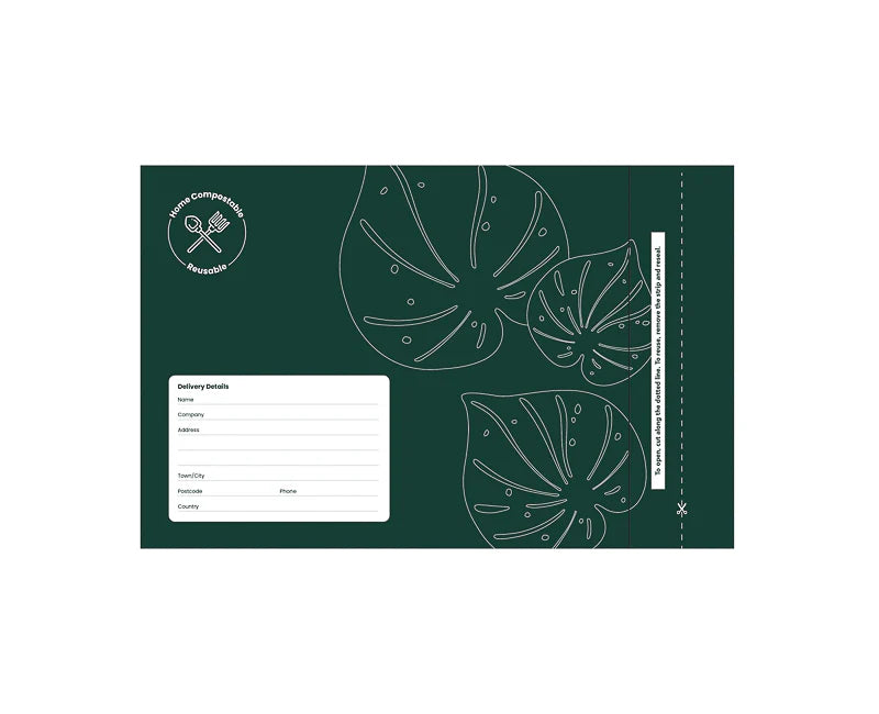 Ecopack compostable mailing bags, courier bags, green, leave design, double seal, reusable seal, A4 size