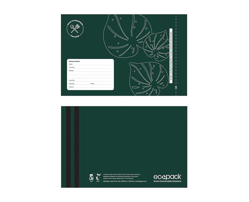 Ecopack compostable mailing bags, courier bags, green, leave design, double seal, reusable seal, A4 size, side by side