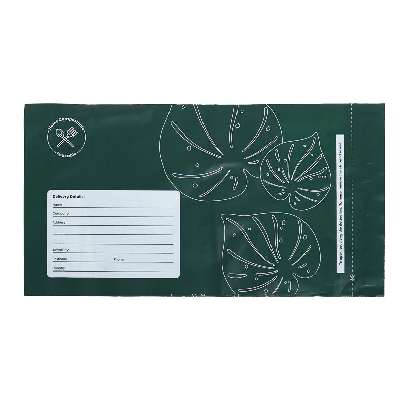Ecopack compostable mailing bags, courier bags, green, leave design, double seal, reusable seal, A5 size