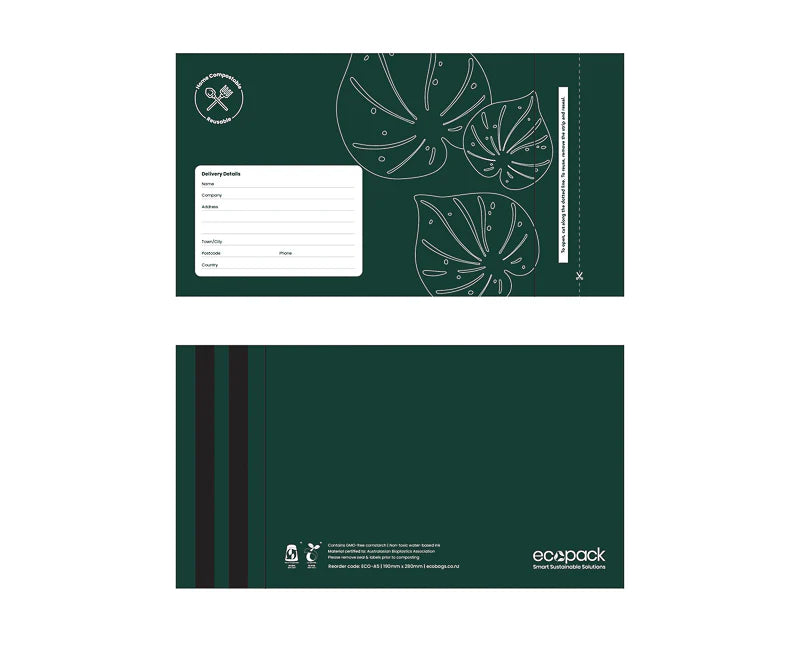 Ecopack compostable mailing bags, courier bags, green, leave design, double seal, reusable seal, A5 size, side by side