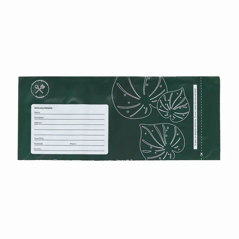 Ecopack compostable mailing bags, courier bags, green, leave design, double seal, reusable seal, DLE size