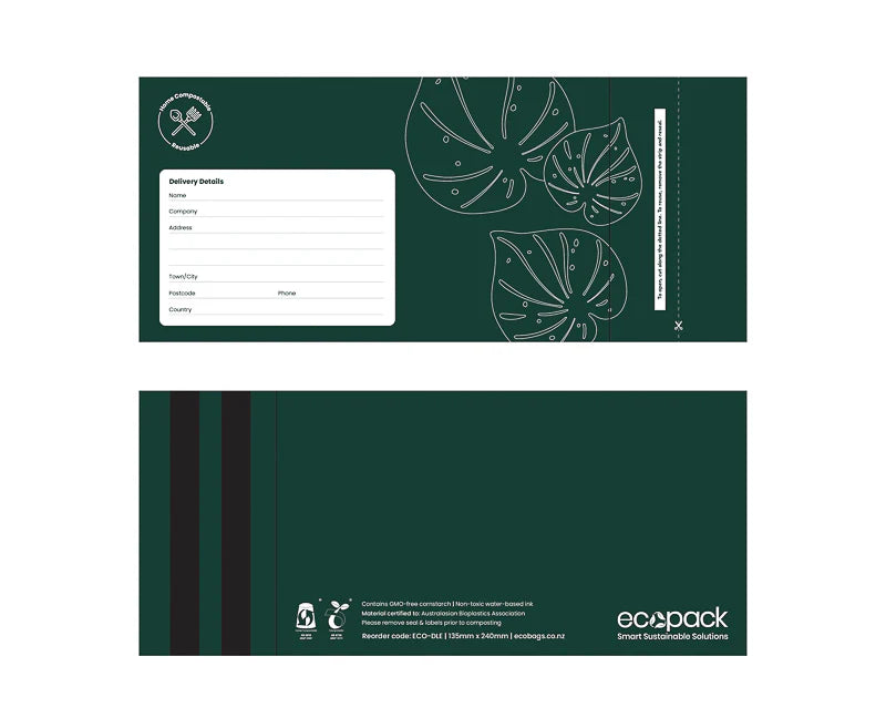 Ecopack compostable mailing bags, courier bags, green, leave design, double seal, reusable seal, DLE size, side by side