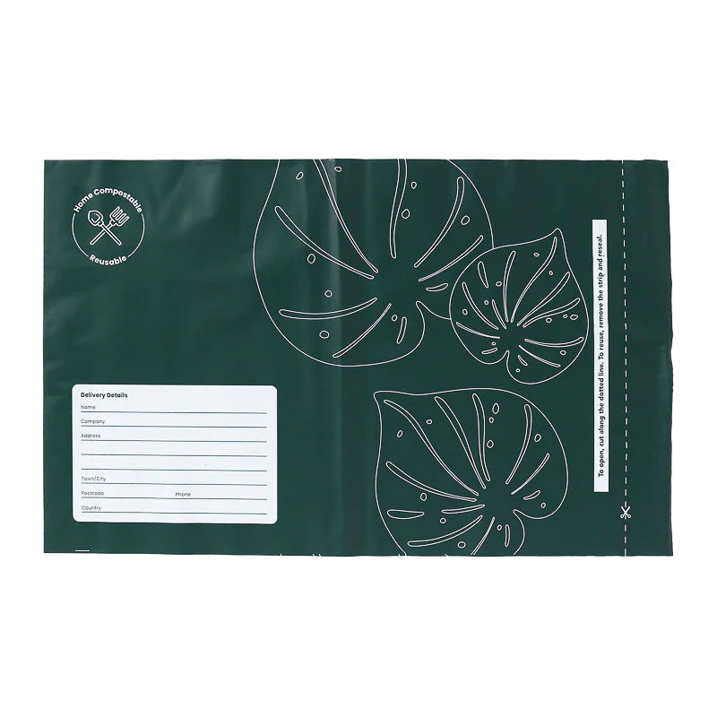 Ecopack compostable mailing bags, courier bags, green, leave design, double seal, reusable seal, Foolscap size