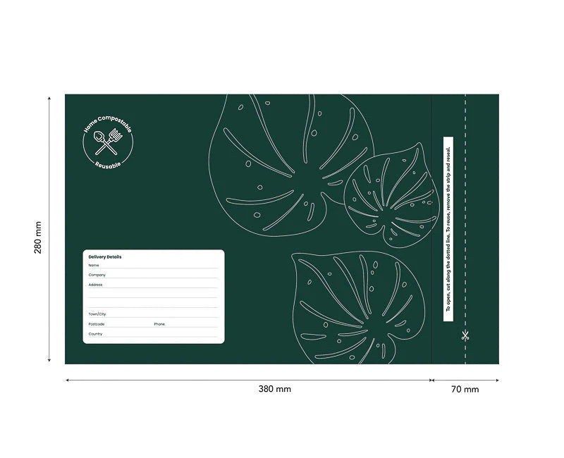 Ecopack compostable mailing bags, courier bags, green, leave design, double seal, reusable seal, Foolscap size