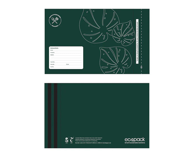 Ecopack compostable mailing bags, courier bags, green, leave design, double seal, reusable seal, Foolscap size, side by side