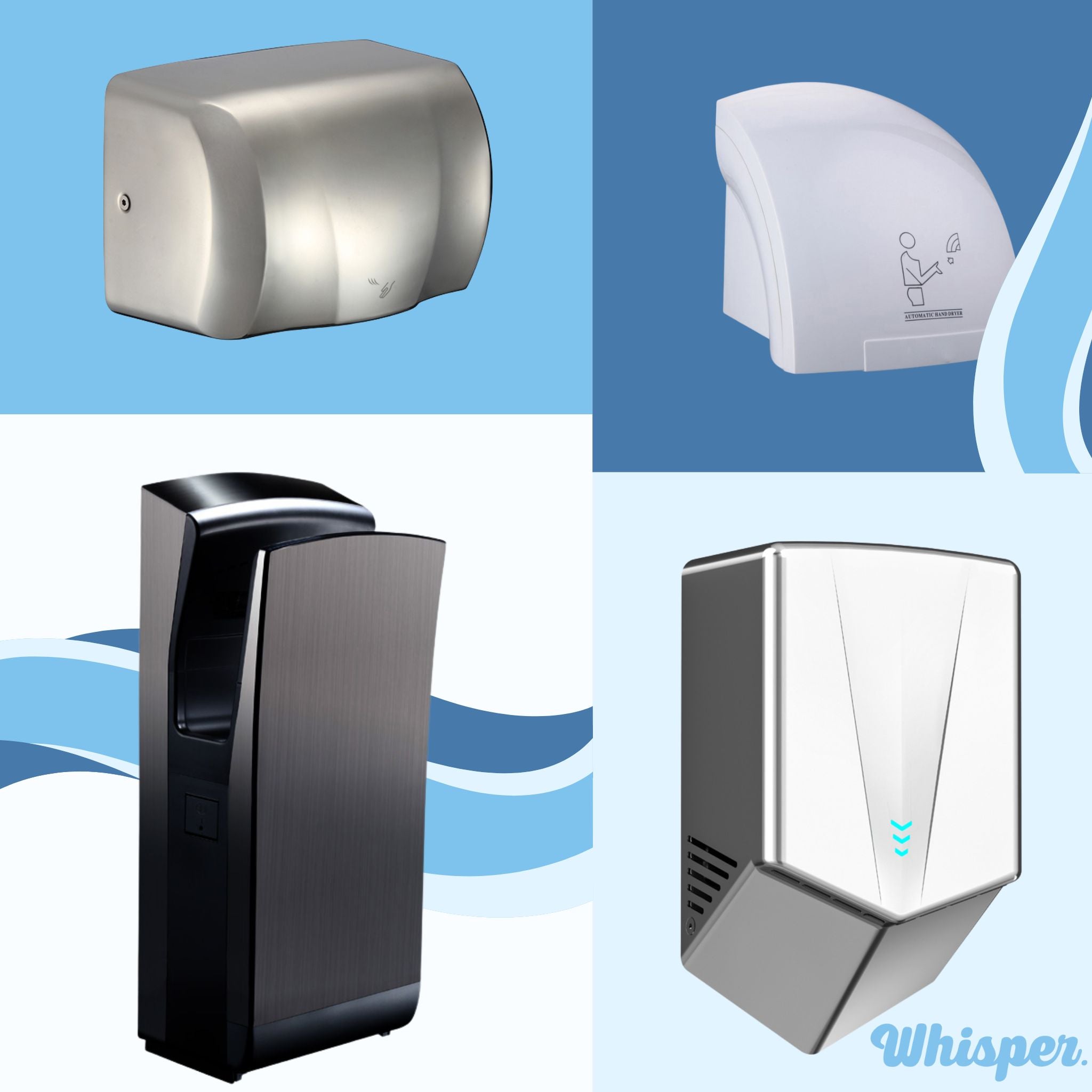Electric hand dryers, wall mounted, jet dryer, jet hand dryer, plastic, stainless steel, Automatic, manual, air flow, black, white, blue, grey, lights