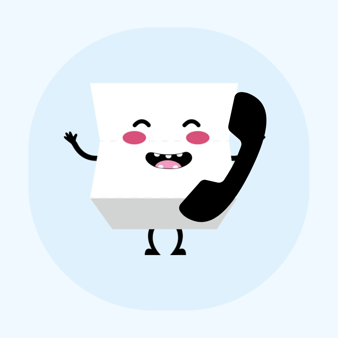 Whisper paper hand towel character on the phone, blue circle and light blue background