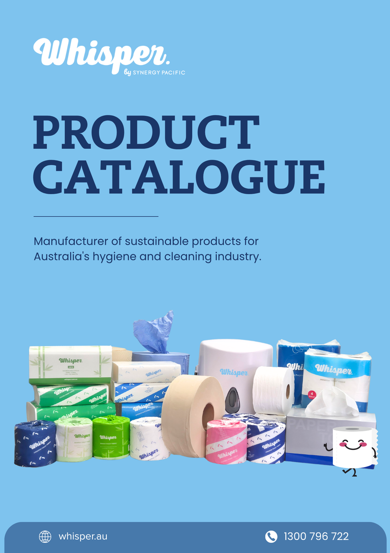 Whisper Product Catalogue cover page, Manufacturer of sustainable products for Australia's hygiene and cleaning industry, multiple whisper branded products including toilet paper rolls and jumbos, folded paper hand towels, dispensers, packaged products and more.