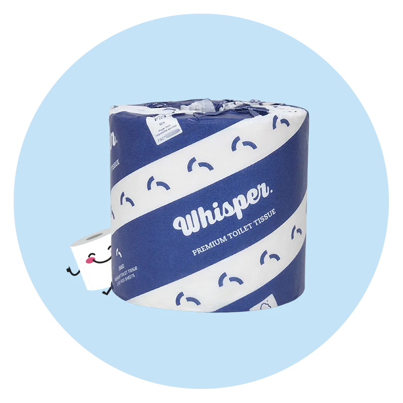 Whisper premium toilet tissue, toilet paper character, white and blue swirl, FSC certified, blue circle background