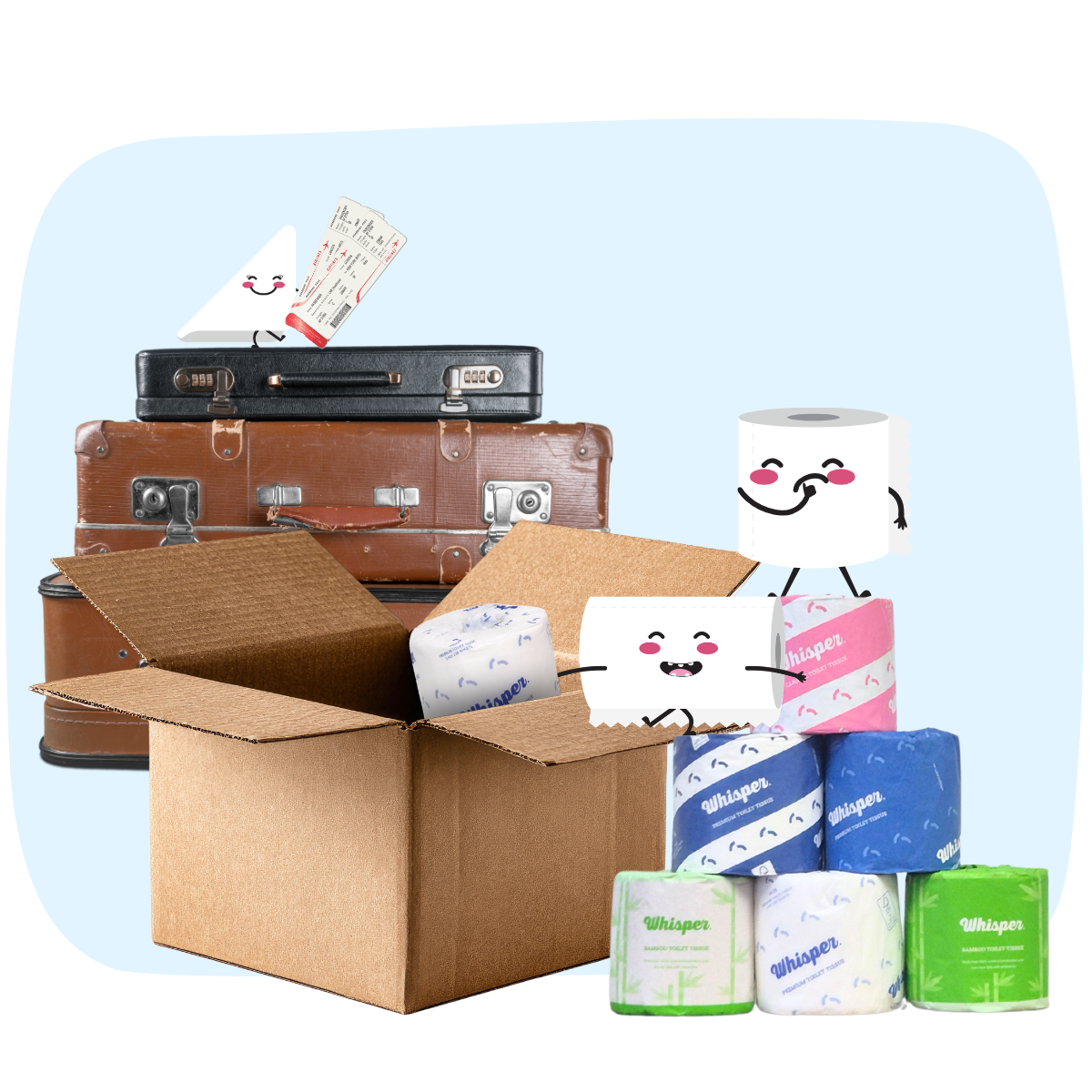 Whisper characters get ready for events, packing samples of toilet paper into a cardboard box, stack of toilet tissue holding up toilet paper character who is thinking, suit cases are stacked in the background, napkin holds plane tickets