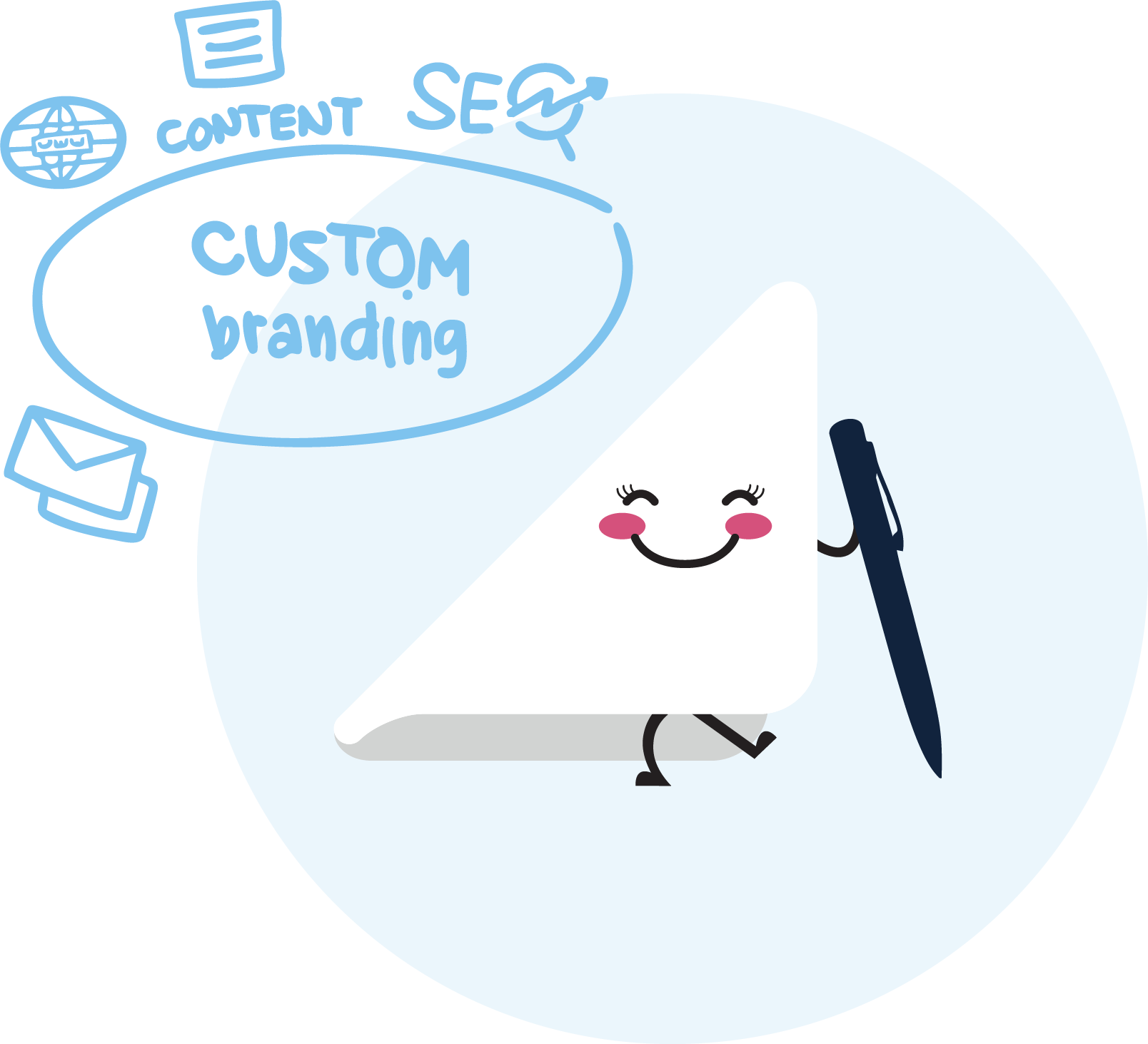 Cartoon triangle character with a pen, surrounded by icons and text related to content creation and branding. Whisper Napkin, custom napkins