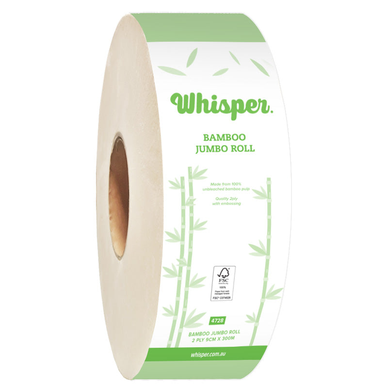 A roll of Whisper brand bamboo jumbo toilet paper with packaging that features bamboo illustrations and product information. Bamboo toilet paper for high traffic areas